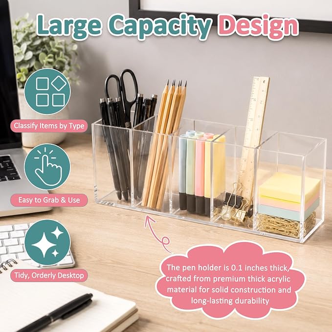 Mototo Acrylic Pen Holder Back to School 5 Compartments Pencil Organizer | Clear Pencil Cup Desktop Caddy Makeup Brush Storage Solution for Cosmetic Office Bathroom Kitchen Home Coffee Bar Container