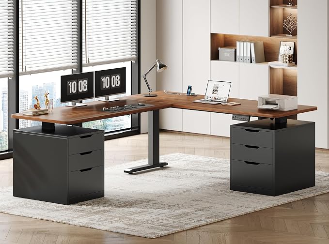 SEDETA L Shaped Electric Standing Desk with 6 Drawers, 66.9" x 57.1" Height Adjustable Stand Up Desk with Power Outlets, 3 Memory Heights, Sit Stand Computer Desk for Home Office, Black + Brown