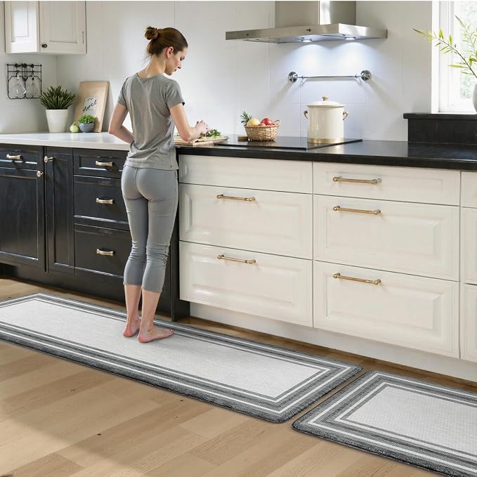 KIMODE Anti Fatigue Kitchen Mats for Floor 2 Piece, Cushioned Farmhouse Kitchen Rugs, Non Slip Kitchen Floor Mats, Comfort Foam Standing Desk Mats for Laundry Office Sink Grey 20"x71"+20"x32"