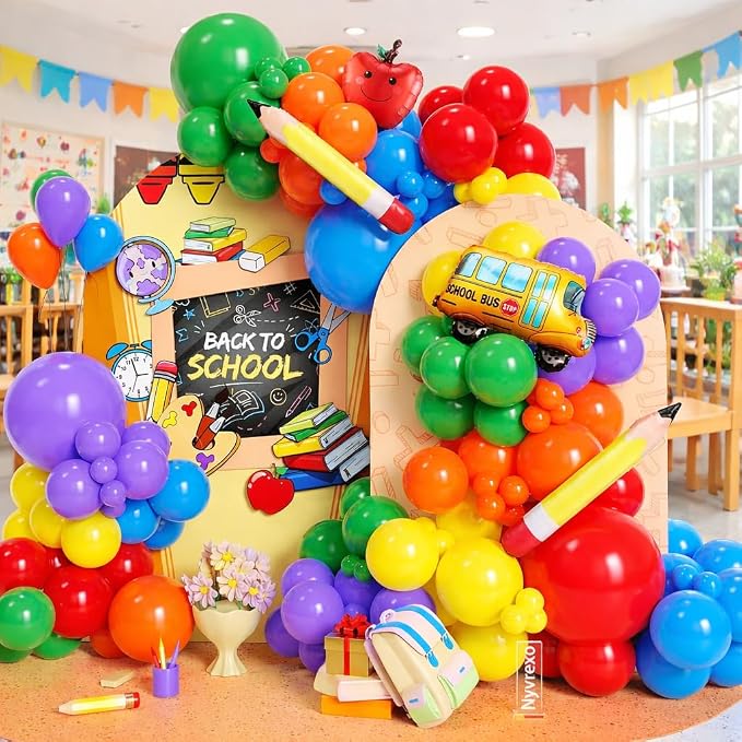 152Pcs Back to School Balloon Arch Garland Kit, Rainbow Latex Balloons and School Bus Apple Pencil Foil Balloon for Classroom Kindergarten Party Decorations, Back to School Event Supplies