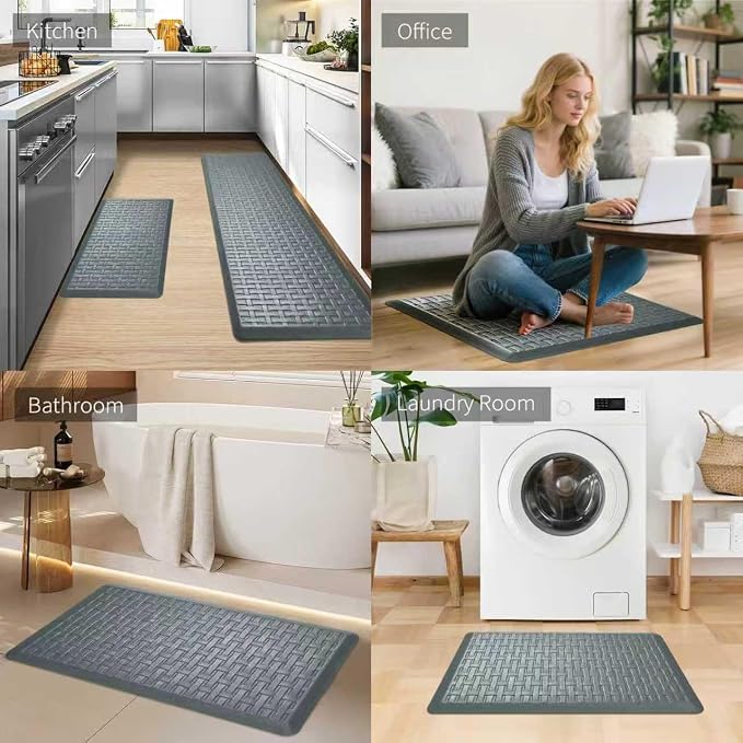 2PCS UKISS Kitchen Rugs, Cushioned Anti Fatigue Kitchen Mats for Floor, Waterproof Kitchen Rug,Non-Slip Comfort Standing Mat for Kitchen (Grey, 17.3"x28"+17.3"x60")