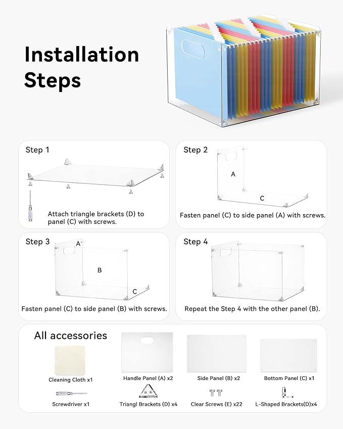 Oterri Large Acrylic File Organizer with Handle, Clear Desktop Box | 3mm Acrylic, Stain-Resistant, With Handle, Holds Letter Docs, Includes Hardware, Office, Home, Classroom, Countertop.