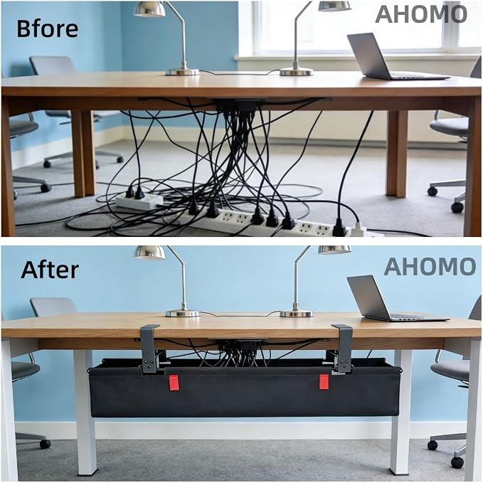 Under Desk Cable Management No Drill – 28" L x 6" W Cord Organizer, Upgraded Silicone Pads (No Scratch), 16 Cable Slots, Washable PE Honeycomb Base, Fits Desks 0–2.1" Thick, Black