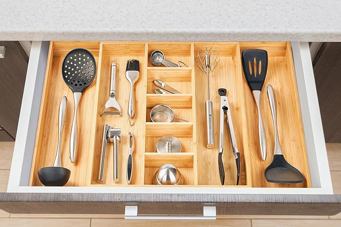 Extra Large Expandable Kitchen Drawer Organizer for Utensil and Junk, 19" Deep for Big Drawer, 17" to 28" Adjustable Bamboo Wood Drawer Divider, Cutlery Tray, Flatware Holder