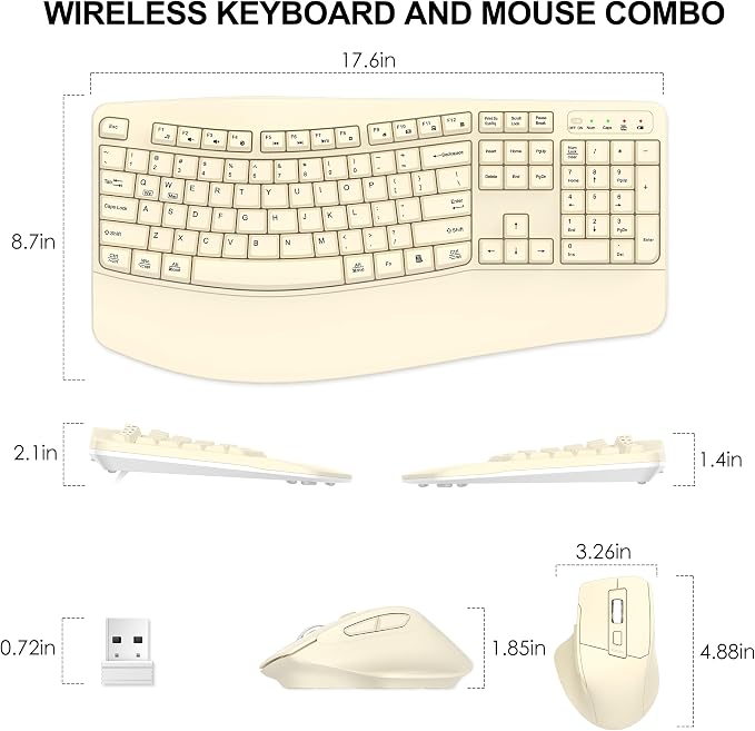 Wireless Keyboard and Mouse Combo, 2.4G Full Size Wave Keys Ergonomic Keyboard with Wrist Rest and 3-Level DPI Adjustable Wireless Ergonomic Mouse for Windows, Mac OS Desktop/Laptop/PC(Latte)