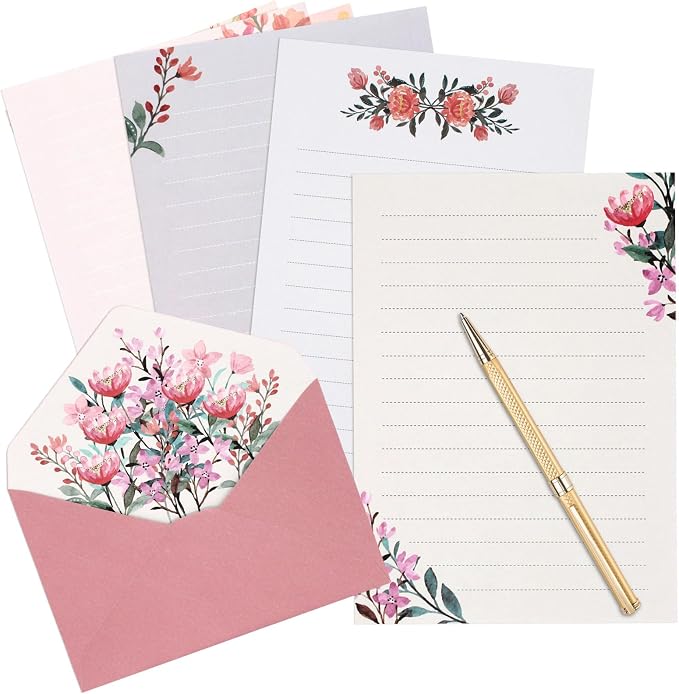 KSIWRE 36 PCS Writing Paper and Envelopes Set,Warm Floral Themed Stationary Set for Wedding Invitations Wishes,24 Lined Stationery Paper with 12 Envelops