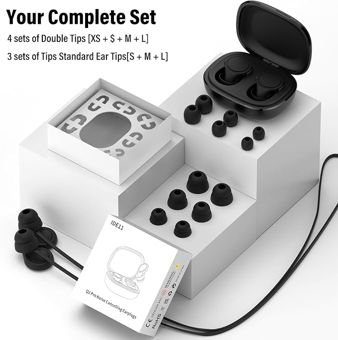 Ear Plugs for Sleeping Noise Cancelling - 35dB Reusable Ear Plugs with 7 Eartips and Carry Case - Flexible Hearing Protection - Replaceable Single/Double Eartips for Sleep, Focus, Travel, Work, Black