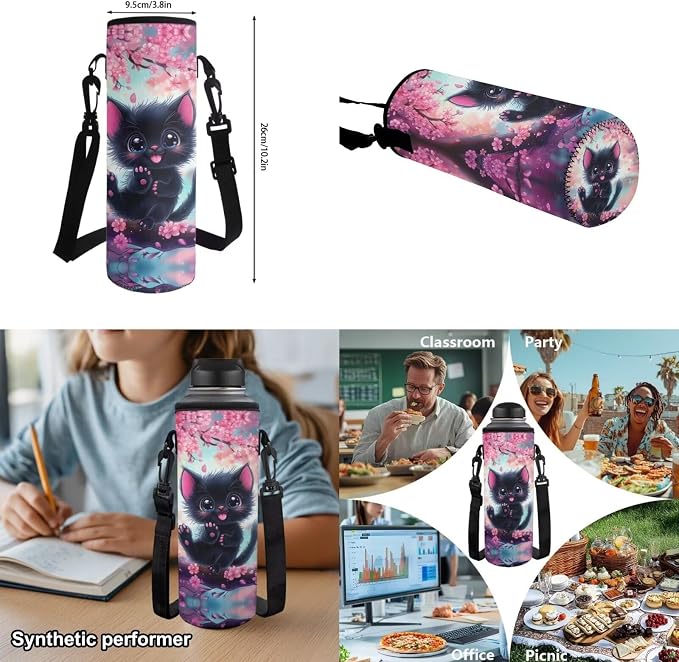 Girls 17 Inch Black Cat Backpack Set 4PCS, Cherry Blossoms Cute Cartoon Bookbag with Lunch Bag, Pencil Case & Bottle Sleeve for Elementary Kids Ages 6-8 Back to School