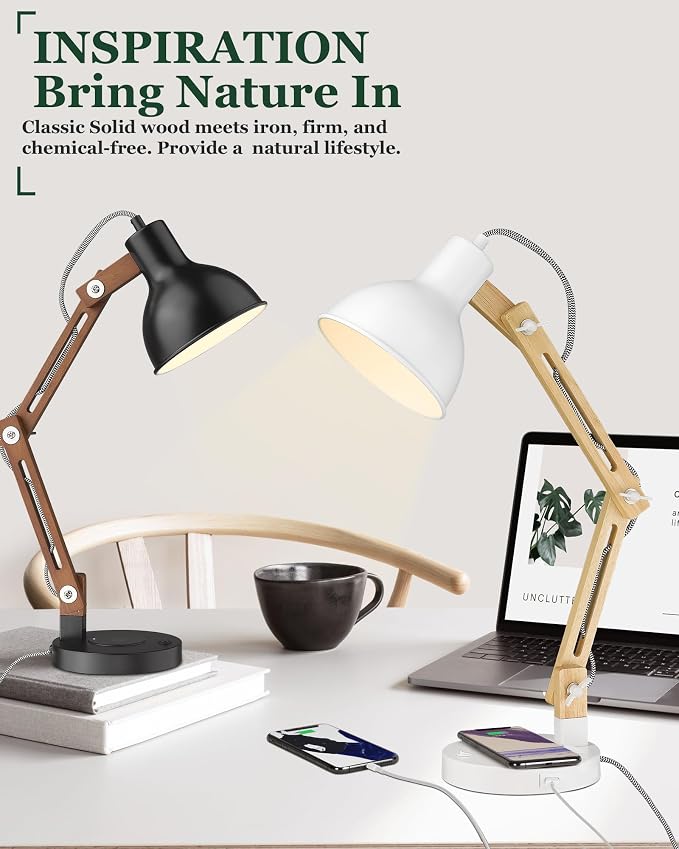 ELYONA Japandi White Desk Lamp with Wireless Charger, Solid Wood Table Lamp with USB C Charging Port, Swing Arm Reading Task Light with LED Bulb for College Dorm, Office, Living Room, Bedroom