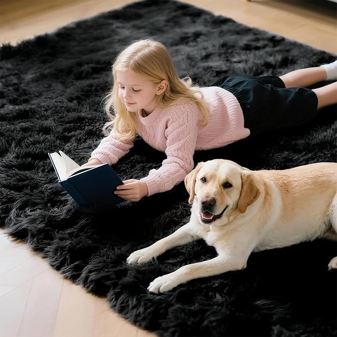 Shag Black Rug, 2x3 Area Rugs for Bedroom Bedside, Ultra-Soft Fluffy Fuzzy Plush Shaggy Furry Rugs for Kids Room, Boys Girls Room, Dorm, Easy Clean Modern Small Carpet
