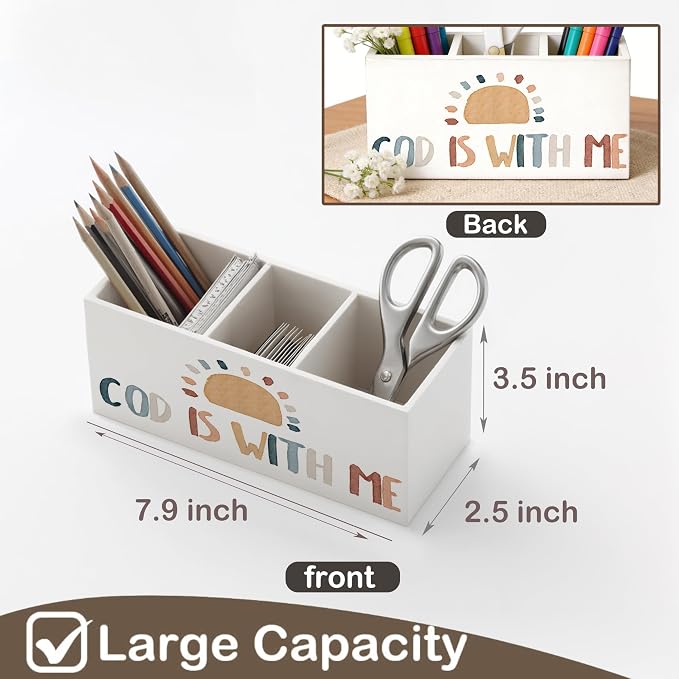 Boho Christian Inspirational Wooden Pen Holder for Desk, Retro Sunshine Bible Verse Religious Pencil Organizer Wooden Box Sign for Kids Room Classroom Home Office Decoration