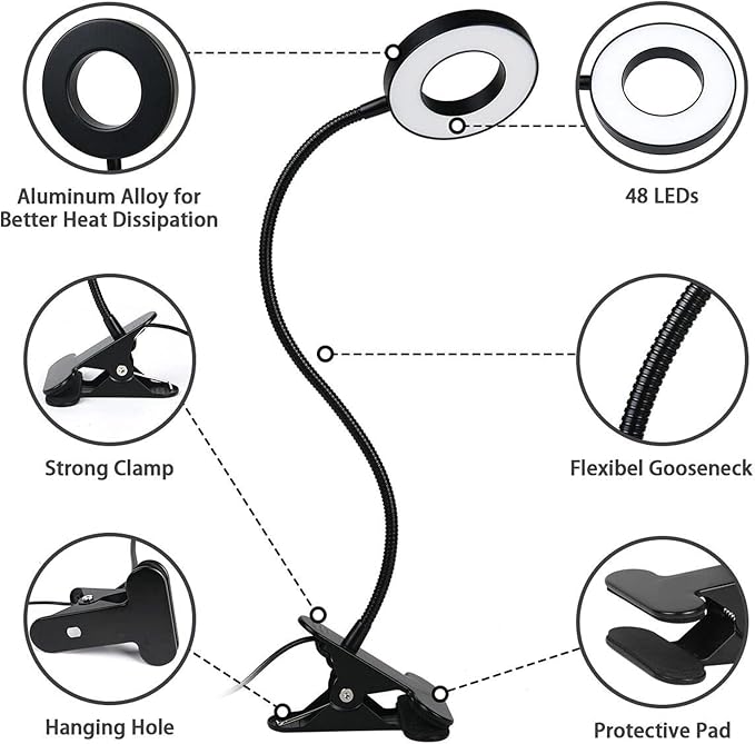 Brokimis Clip on Light LED Reading Book Study Lamp 3 Color Modes 10 Brightness Eye Protection 360° Flexible Gooseneck Student Dormitory Office Desk Lamp at Night in Bed