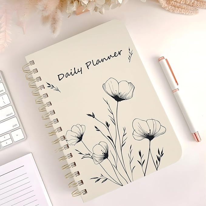 Stanoha Undated Daily Planner - Spiral Notebook 80 Days One Day Per Page, Hourly Schedule, To-Do List, Notes, Everyday Planning Task, A5 Hardcover Journal Organizer Book Women Cute, White Flower