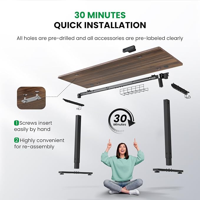 SIAGO 63 x 24 Inch Electric Standing Desk, 0.8 Inch Thick Tabletop | Smooth Height Adjustment, 200lbs Stability, 3 Memory Presets, Cable Management, Pre-Labeled Easy Assembly