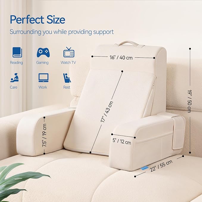 Kayfia Reading Pillow, Gel Memory Foam Back Rest Pillow, 19", Ivory | 3 Storage Pockets, Dual-Use Back Leg Support Pillow, Detachable Armrests, Ideal for Reading, Gaming, Working on Bed & Couch