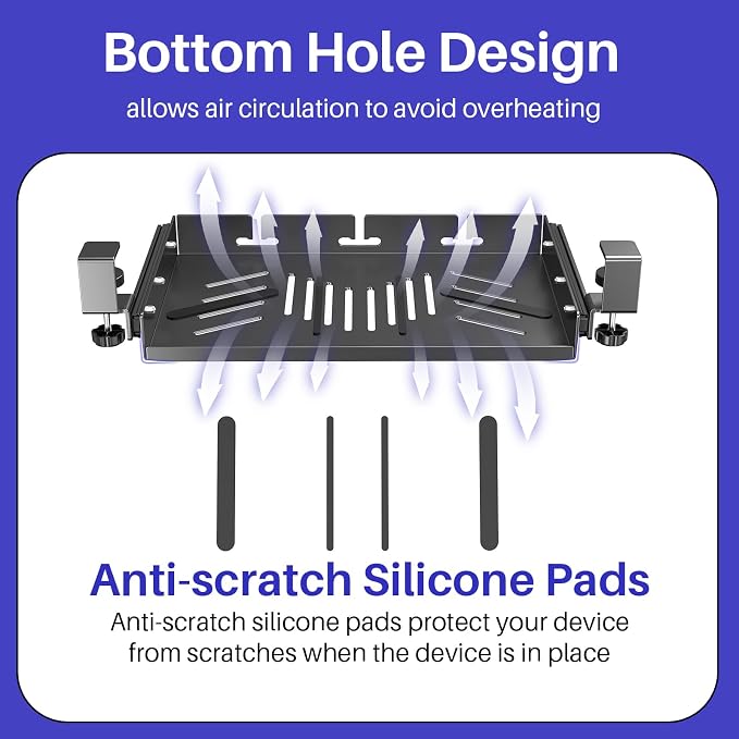 BYMECOST Sliding No Drill Under Desk Laptop Mount, Metal Storage Shelf | Slide Out Laptop Storage Tray for Macbook, Mac Mini, Anti-scratch Silicone, fits Office, Gaming, Workstations