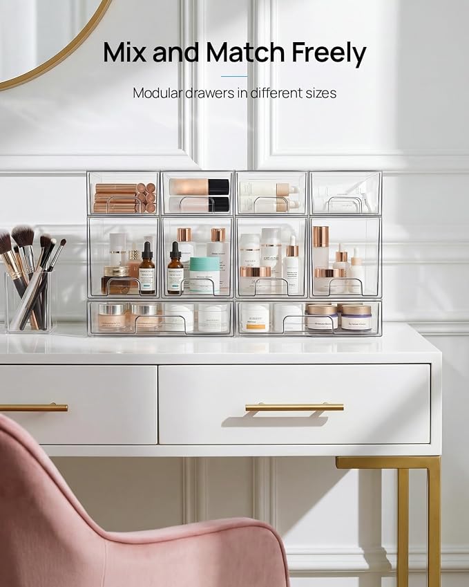 Vtopmart 2 Pack Small Clear Stackable Storage Drawers,Acrylic Bathroom Makeup Organizer,Plastic Storage Bins for Vanity, Undersink, Kitchen Cabinets, Pantry, Home Organization