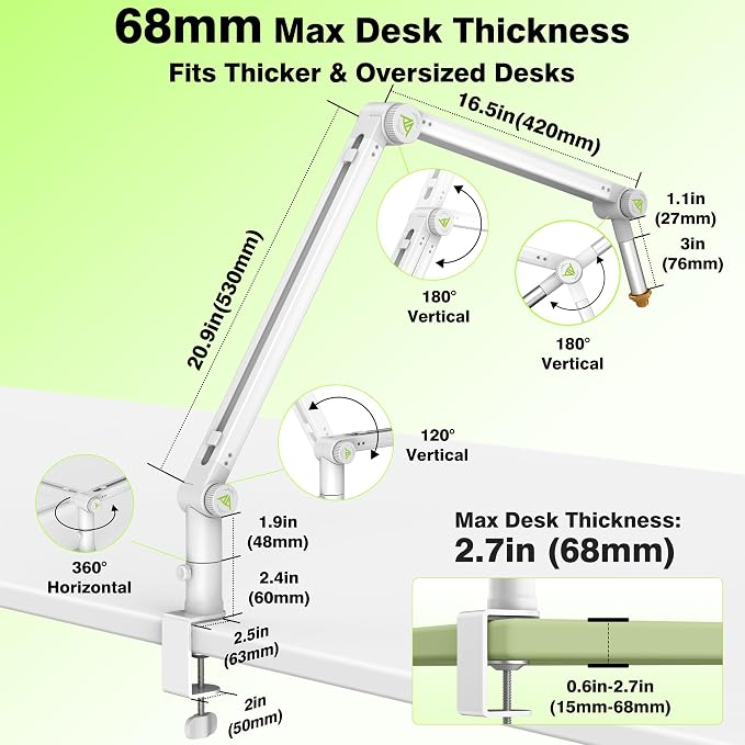 AA AUDIO ACCESSORY White Mic Boom Arm (Design for Heavy Mic) Extra-Long 950mm, 6.6lbs Load Capacity, Gear-Lock Suspension Scissor Microphone Stand Desk Mount for Shure SM7B SM7dB MV7, Blue Yeti, Rode