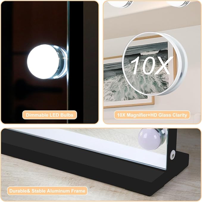 Moonee Vanity Mirror with Lights, Black Hollywood Lighted Makeup Mirror with 18 Dimmable Bulbs and 10X Magnification, 3 Colors Modes, Aluminum Metal Frame, Light Up Mirror for Tabletop/Wall(32" x 24")