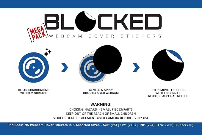 Blocked Original Vinyl Webcam Cover Stickers | Restickable & Stackable Privacy Covers | for All Camera-endable Devices | 5-Sizes | 95 Black (Ultra Glossy)