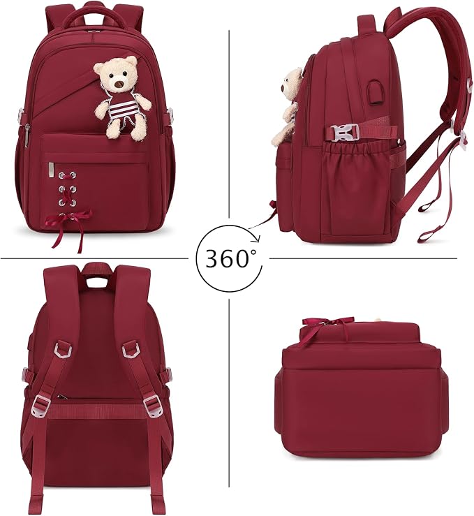 ACESAK School Backpack for Girls - 3 PCS Cute Girls Backpack with Lunch Box & Pencil Case - Kawaii Casual Kids Bookbag School Bag Daypacks Set for Elementary Middle High School Student Teens (Red)