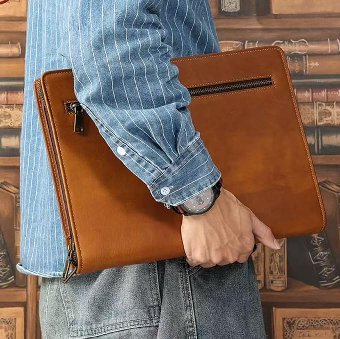 Zippered Padfolio Organizer, Leather Planner Binder, 12.9 Inch Portfolio Folder for Documents, Letter Size Business Card Tablet Document Holder for Men&Women, Brown