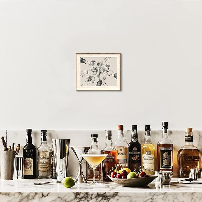 Uniro Framed Canvas Wall Art, Vintage Cheers Print for Bar Cart Wall Decor, Retro Cheers Sign Art Prints Friends Clinking Bar Cart Wall Art Painting, Farmhouse Home Kitchen Wall Decor, Trendy Black and White Cheers Cocktail Bar Cart Accessories - 8"x10"