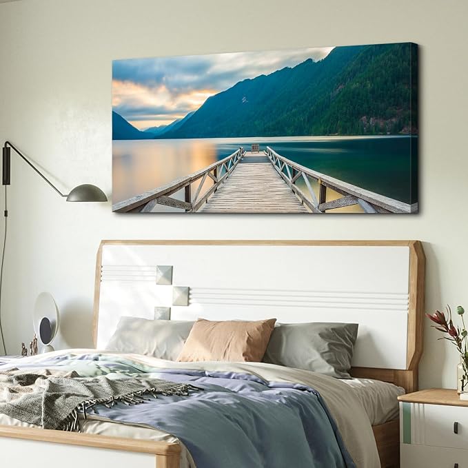 Olympic National Park Canvas Wall Art Crescent Lake Pictures Wood Dock Wall Decor Sunset Mountains Scenery Canvas Prints Photo Nature Artwork for Living Room Bedroom Office Home Decoration 24x48"