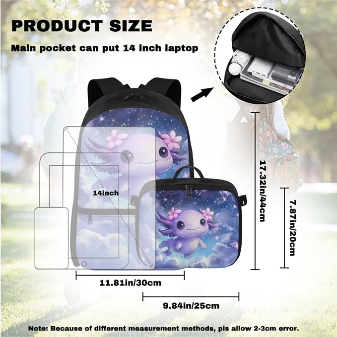 Doojoayie Axolotl Backpack Lunchbox Set for Girls 2025 Trendy Kids Bookbag School Backpack for Girls 8-10 10-12 Lightweight Back Pack for Kids 2nd Grade School Bag
