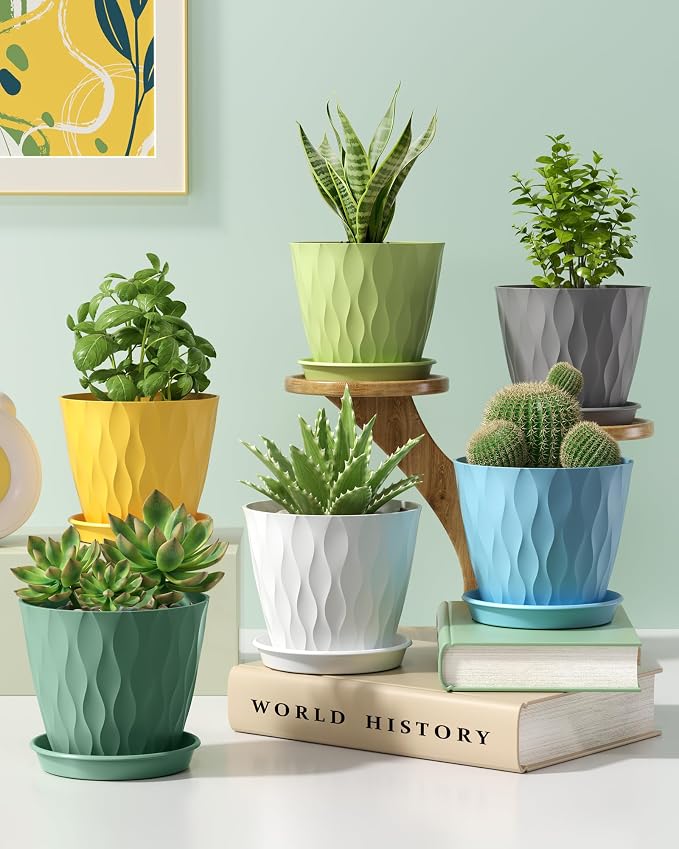6 Pack Plant Pots with Drainage Holes, 4 Inch Plastic Indoor Flower Pots, Succulent Pots for Orchids, Violets, Succulents, Herbs and Other Small Plant, Multicolor