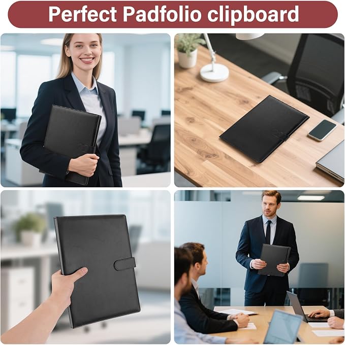 Professional Padfolio,Black Faux Leather Portfolio Binder | Includes clipboard,business card holder and document storage for office,conference,interviews,resume papers and business use