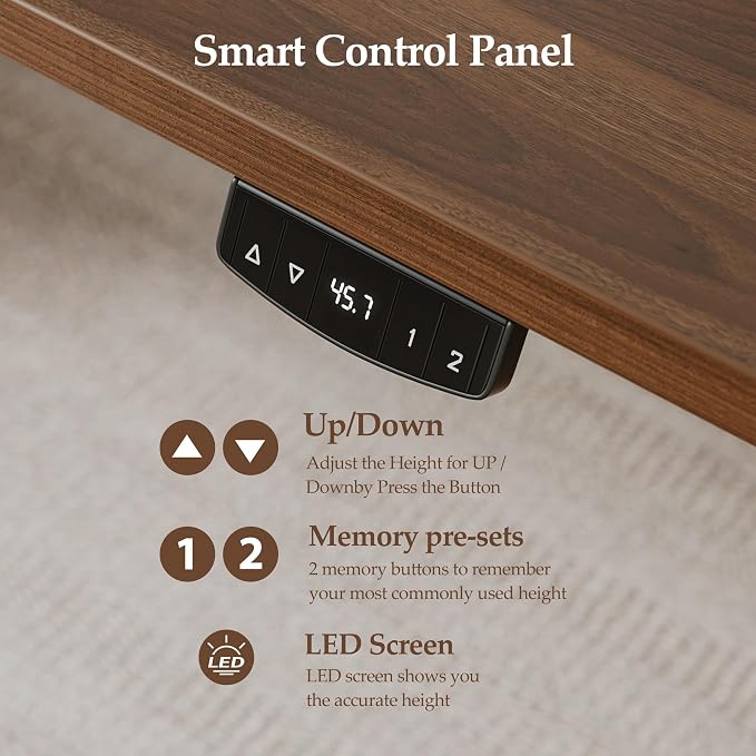 Klicelor 48 x 28 Electric Standing Desk, Sit Stand Up Home Office Desk, Height Adjustable Deep Cumputer Table with Memory Presets and Hooks, Two Pieces, Dark Walnut