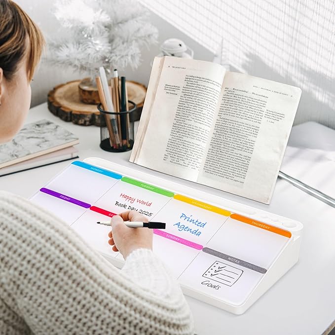 DOLLAR BOSS Glass Desk Whiteboard Calendar Small Dry Erase Board Desktop White Board with Storage Drawer Computer Keyboard Stand Desk Organizer, Colorful Weekly Calendar, White