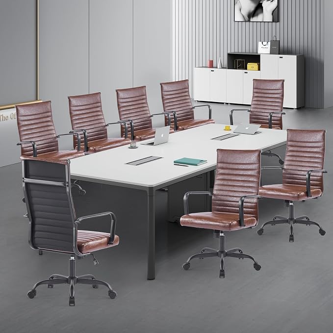 Office Chair, Ergonomic Executive Conference Room Chairs, Ribbed Leather Desk Chair with Lumbar Support, Adjustable Height Mid-Back Swivel Chair with Padded Seat