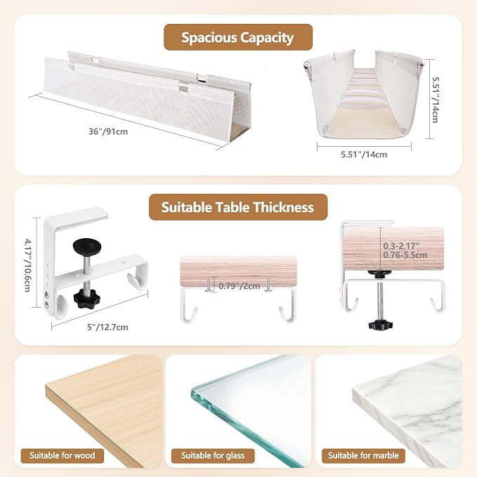 SHUWEI 36" Under Desk Cable Management Tray, Premium Mesh Cable Management for Desk, Clamp/Screw Mount Cable Tray for Office and Home (White, 35.6" L)