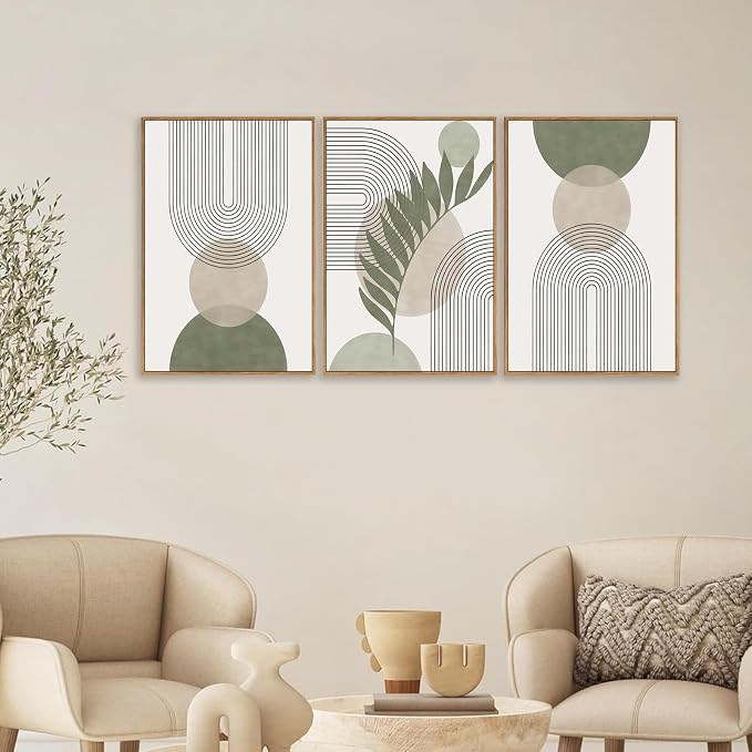 Framed Sage Green Boho Wall Art for Bedroom, Beige and Green 3 Piece Minimalist Artwork for Walls, Geometric Leaf Line Boho Small Paintings Prints for Hallway Kitchen Living Room Wall Decor, 12x16 In
