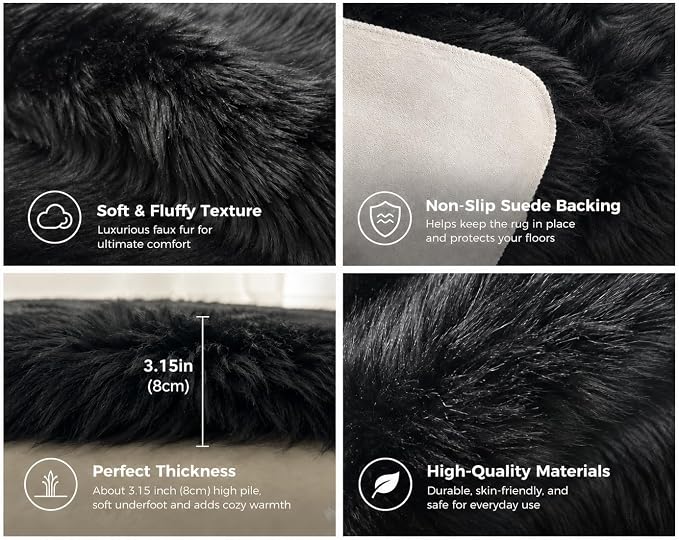 EasyJoy Faux Sheepskin Rug, Fluffy Faux Fur Rug, Ultra Soft Shag Area Rug with Non-Slip Backing for Bedroom, Living Room, Nursery, Kids Room(4 x 4 ft Round, Black)