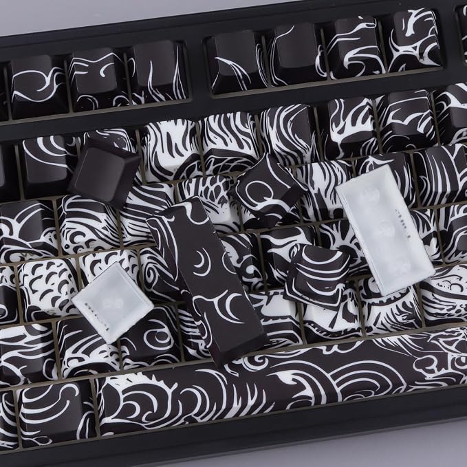 Tsungup PBT Keycaps,Custom Cool Dragon Pattern Side Print Keycaps(Black) | Tsungup Shine Through 138 Keys Cherry Profile Key Caps Keyboard Keycap Set for MX Switches Mechanical Keyboard