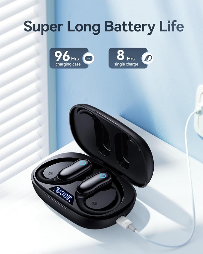 GNMN Active Noise Cancelling Ear Buds AI Translation Wireless Earbuds 96hrs Playback Bluetooth Headphones Dual Battery Display Stereo Bass Earphones with Earhooks Microphone for Sports/Runing/Workout
