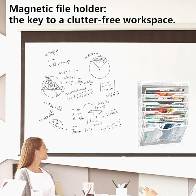 6 Tier Magnetic File Holder with Hook, Magnetic File Organizer Folder Holder, Wall File Organizer, Hanging Magnetic Paper Holder for File Cabinets, Office, Whiteboard, Magnetic Mail Holder