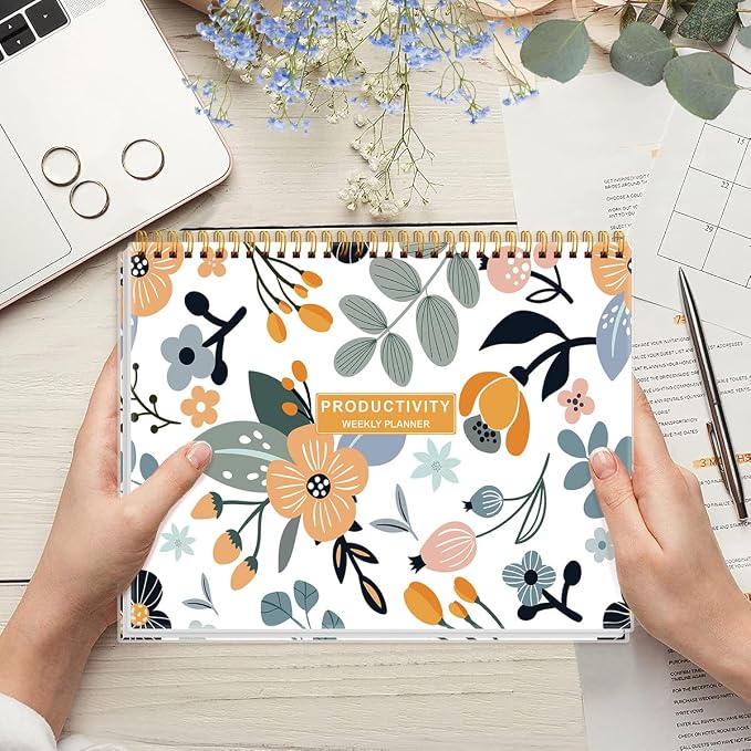 Weekly Productivity Planner - 8.5" x 11" Dashboard Desk Notepad Has 6 Focus Areas to List Tasks for Goals, Projects, Clients, Academic or Meal-Organize Your Daily Work Efficiently, 54 Weeks, Rose Flower