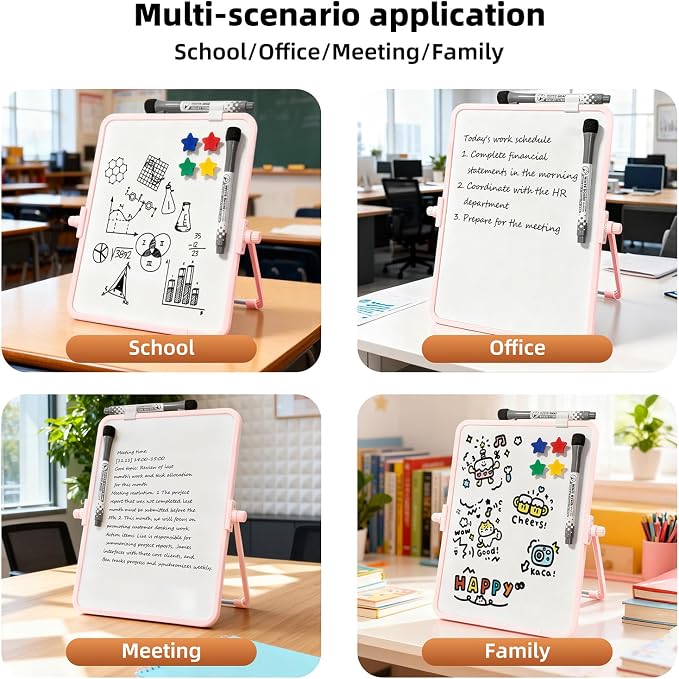 Colorful Dry Erase White Board 8.3x11in, Magnetic Desktop Board with Stand, 2 Markers (Eraser Head), 4 Magnets - Double-Sided Easel for Daily Planning, Memo, Office/Home/School (Pink)