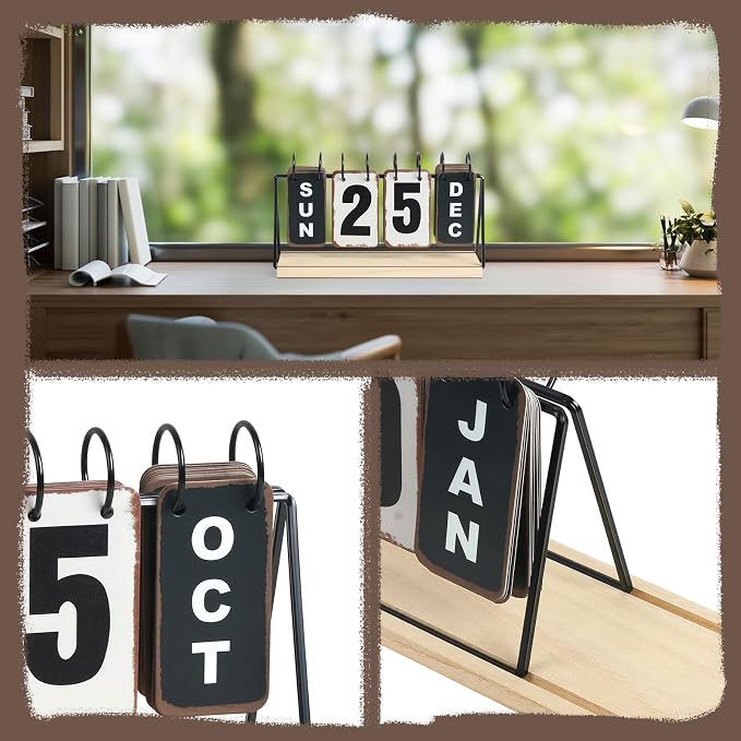 Metal Flip Calendar with Wooden Base, Daily Perpetual Desk Calendar with Large Display, Modern Farmhouse Desktop Calendar for Home Office Decor, Reusable and Foldable