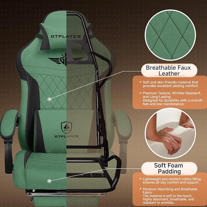 GTPLAYER Gaming Chair with Footrest, Ergonomic Office Chair 400lbs Heavy Duty, Big and Tall Computer Desk Chair with Lumbar Support and Headrest, Breathable Plush Fabric, 90-155° Recline Green