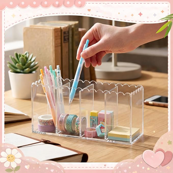 Scalloped Acrylic Pencil Holder for Desk, Clear Pen Organizer with 4 Compartments, Marker Makeup Brush Holder Remote Caddy for Home, Office, Bathroom, Classroom, Table