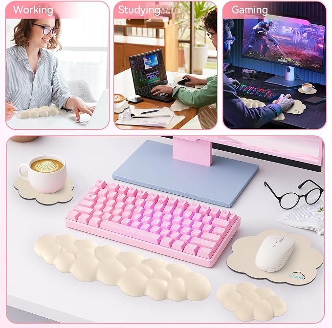 Sushret Cloud Wrist Rest for Computer Keyboard, 4-in-1 Memory Foam Leather Cloud Keyboard Wrist Rest and Mouse Pad Set with Ergonomic Support for Arm and Palm Cushion, Gaming/Work Setup, Beige