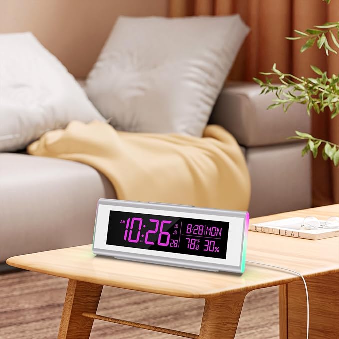 Alarm Clocks for Bedrooms, LED Desk Clock with RGB Night Light, Brightness Dimmer, Date, Week, Temperature Large Display, Modern Decor for Desk, Office, Gift for Kids, Teen, Adults (Silver)
