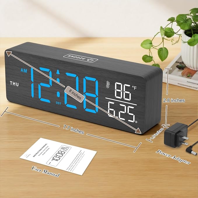 DreamSky Wooden Digital Alarm Clock with Date & Day of Week for Bedroom | Large Display Desk Clock for Living Room, Temperature, Dimmer, Adjustable Volume, Auto DST, Office Wood Décor (Plug-in)