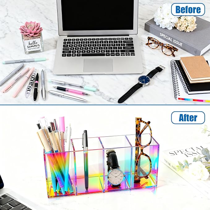 Pen Holder for Desk Neon Acrylic Pencil Holder Cup Makeup Brush Storage Organizer for Vanity, Iridescent