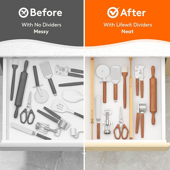 Lifewit 2.36" High 5 Pack Bamboo Drawer Dividers, 14.2-22" Expandable Kitchen Drawer Dividers, Adjustable Drawer Dividers for Clothes, Drawer Separators for Dresser, Kitchen, Bedroom, Bathroom